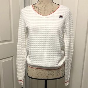 FILA White and Orange Textured V-Neck Sweater